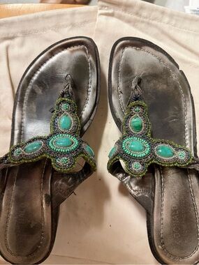 Donald J. Pliner Black Leather Sandals with Green Beaded Accents